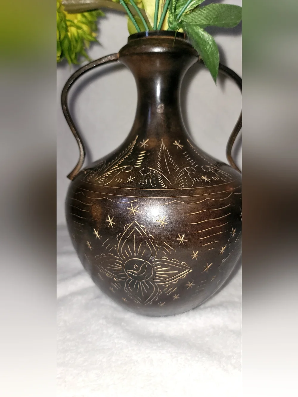 Vintage Solid Brass Amphora Vase Black Finish & Etched Designs